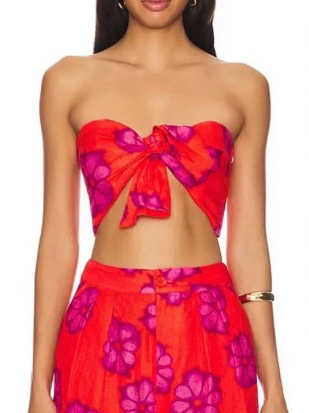 RHODE Toni Top Red and Purple Floral Tie-Front Strapless Crop Top
